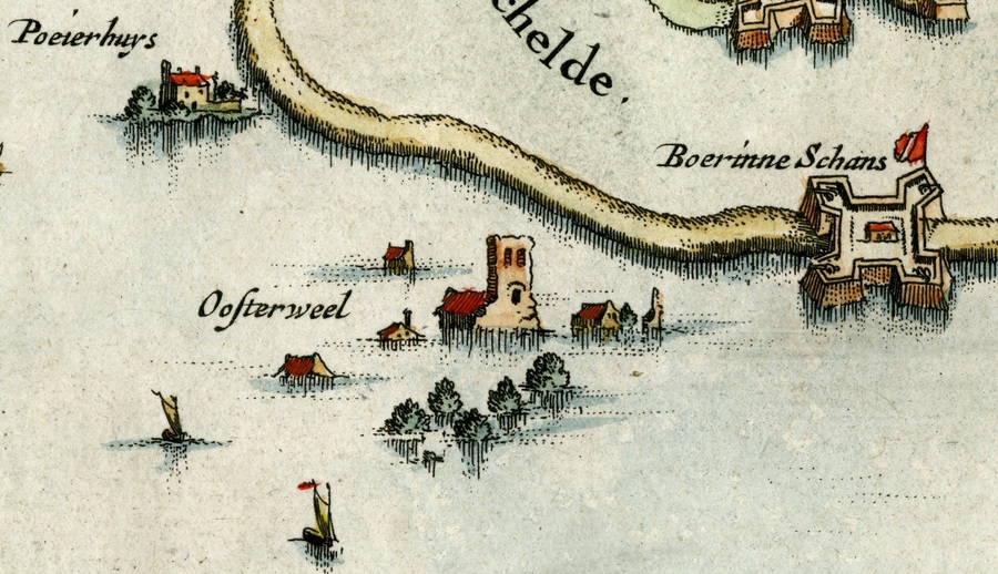Kaart Luyken toestand 1585 bij het beleg van Antwerpen.  Oosterweel was toen ook verlaten.